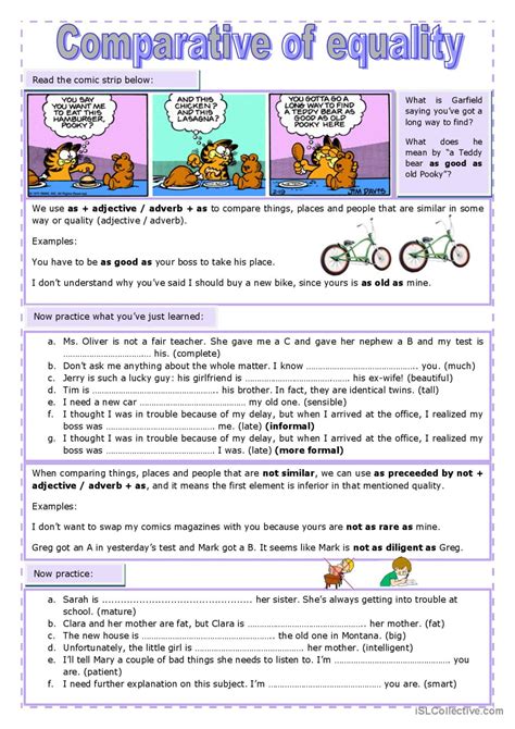 Level: intermediate Age: 13-100 Downloads: 45 COMPARATIVES, <b>EQUALITY</b>: ADJECTIVES, NOUNS AND VERBS. . Comparison of equality exercises